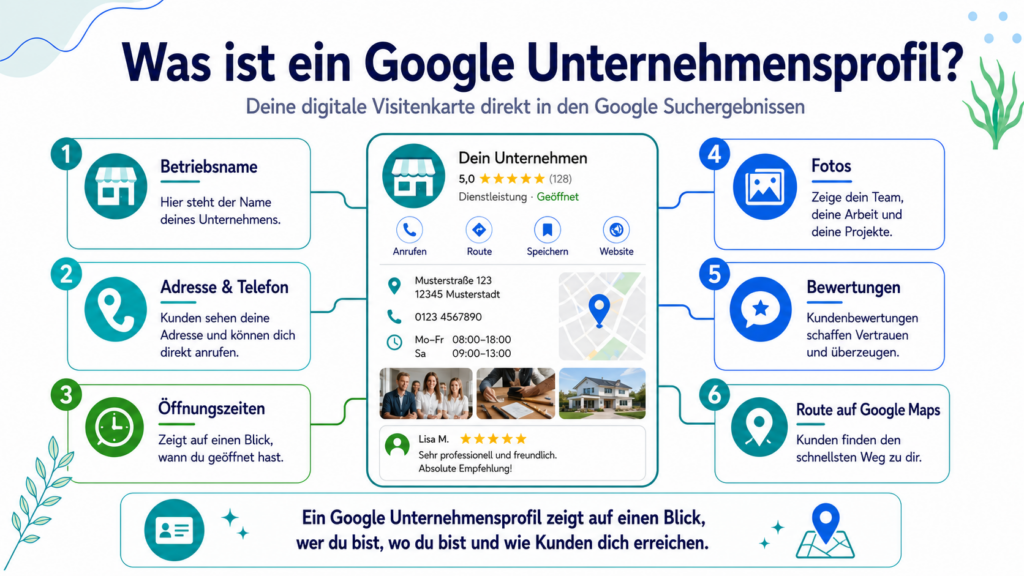 Grafische Abbildung von einem Google Unternehmensprofil und welche Funktionen was bedeuten